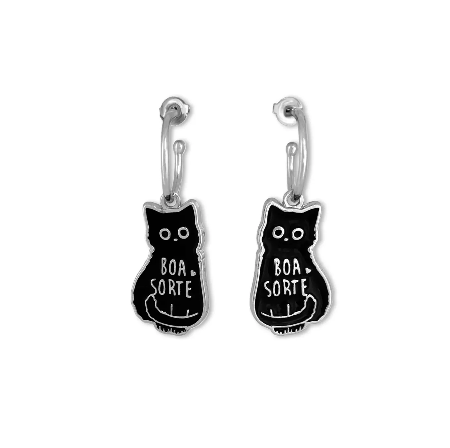 Brinco Argola Gato Preto Boa Sorte Prateado