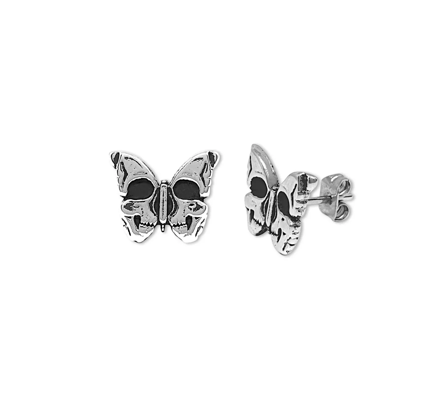 Brinco Stud Skull Butterfly Prateado