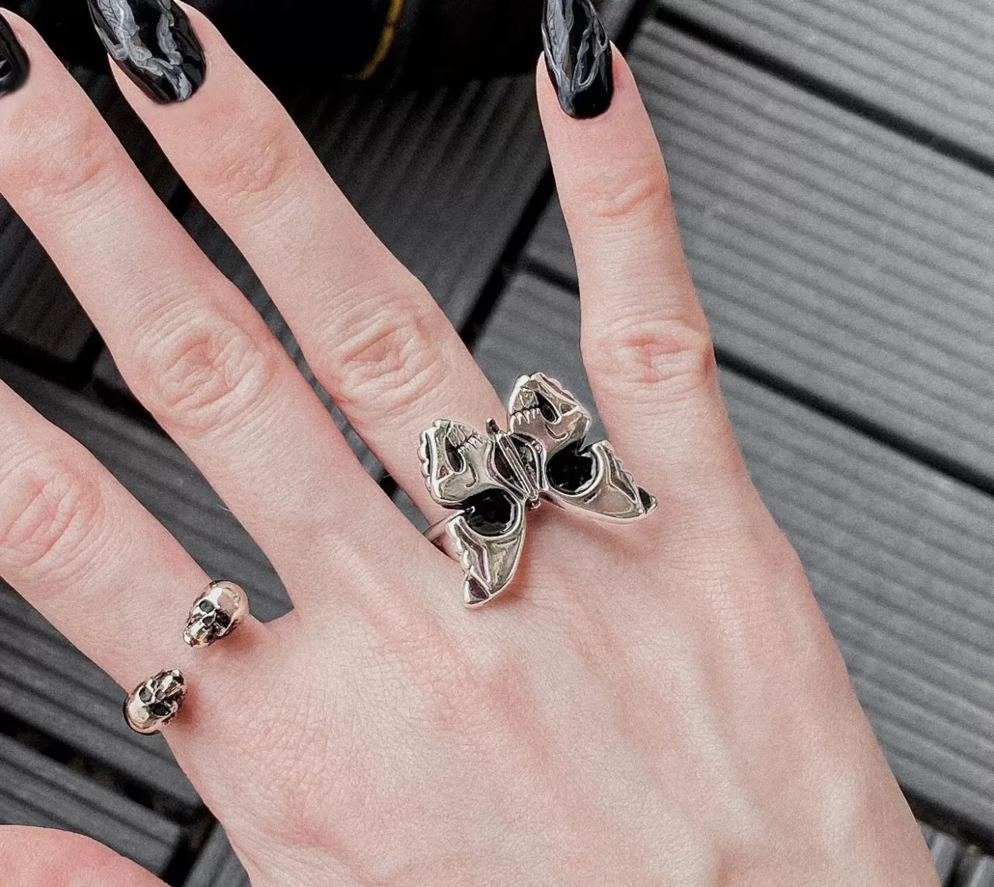 Anel Skull Butterfly Prateado