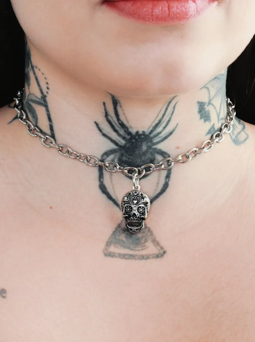 Choker Corrente Caveira Mexicana Prateado