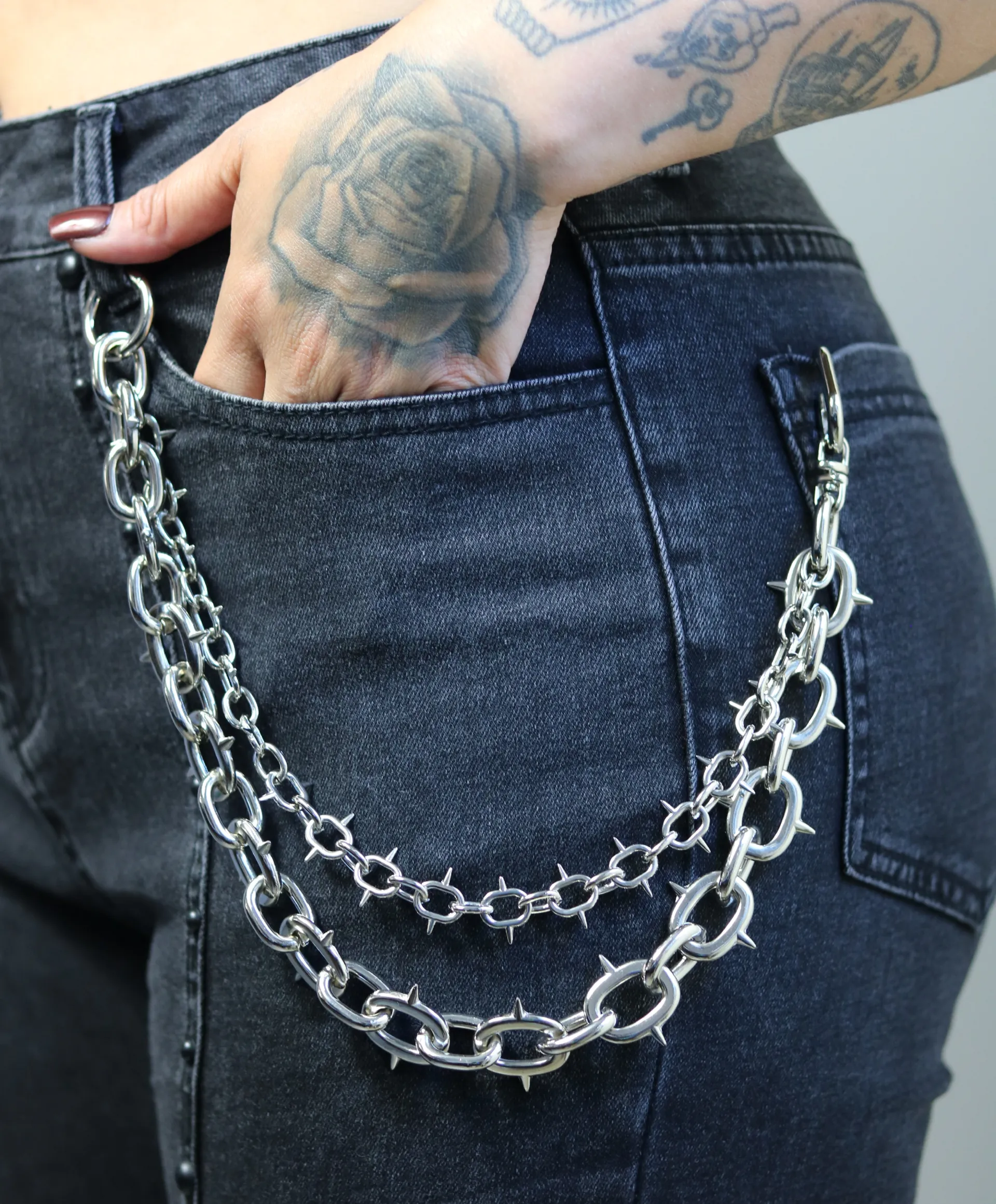 Corrente Carteira / Chave Spiked Chain Duplo Prateado